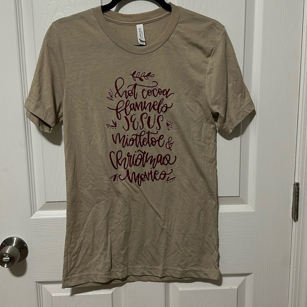Bella Canvas Taupe Short Sleeve Tee with Burgundy Christmas Themed Script
